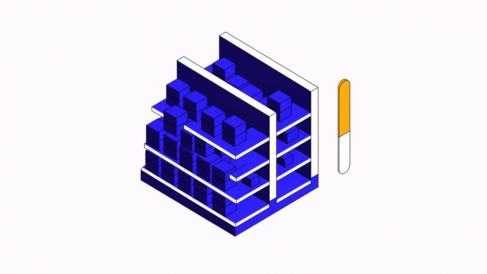 Isometric illustration of a warehouse rack only partly filled with boxes, beside an upright gauge bar that is filled to a little under half.