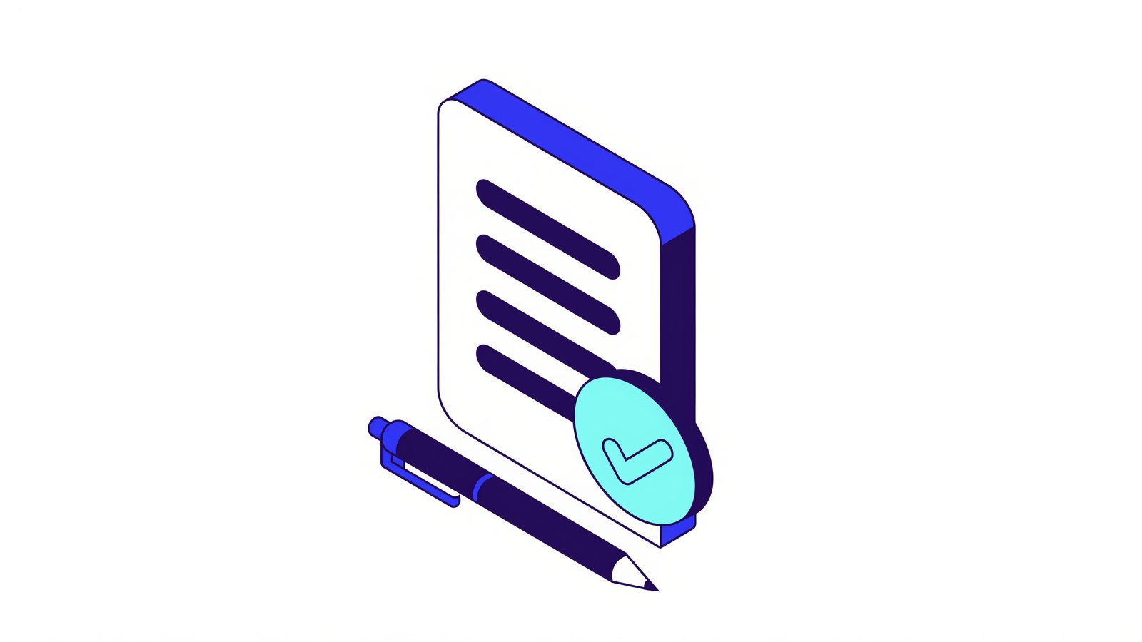 Isometric line illustration of a document with ruled lines, a pen resting beside it, and a mint check-mark badge.