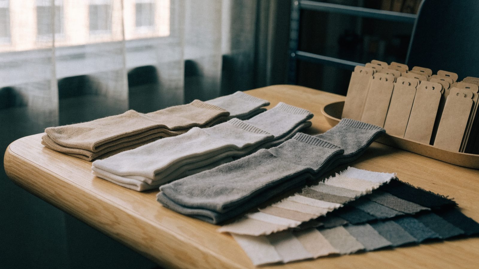 Folded knitwear samples and fabric swatches laid out on a table for a pre-launch review