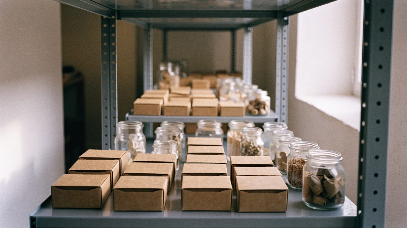 Metal shelving holding many small kraft boxes and glass jars organised in rows